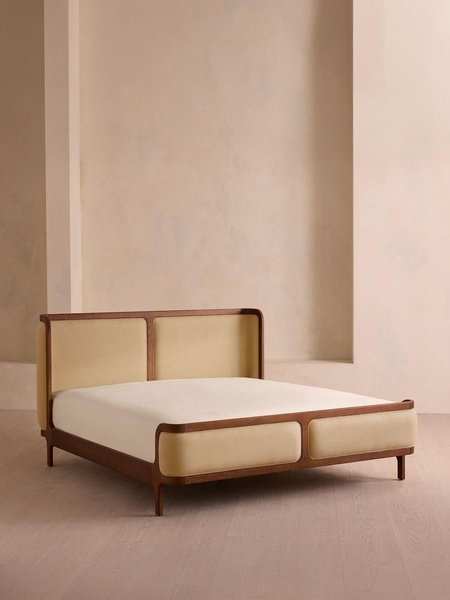 wooden bed frame, upholstered bed, platform bed, double bed frame, bedroom furniture, new arrival, minimalist, editorial, calm, luxurious, neutral, brown
